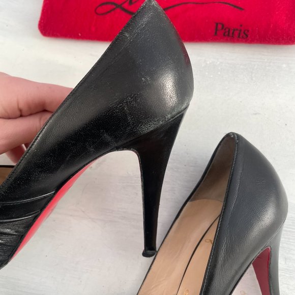 Christian Louboutin Lady Gres Platform Pumps Black Leather Peep Toe Ruched Knot - Picture 10 of 16